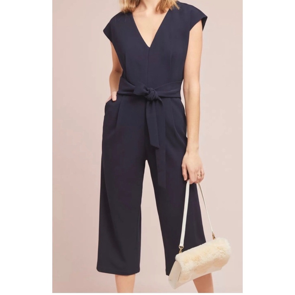 Ett:Twa by Anthropologie Sedona Black V-Neck Tie Waist Wide Leg Jumpsuit Sz M